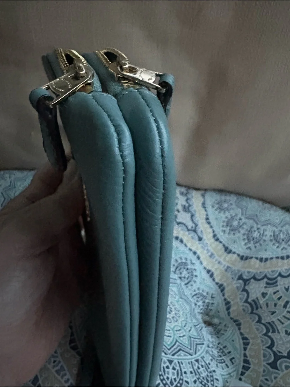 Coach Teal Pebbled Leather Double Zippered Wristlet EUC